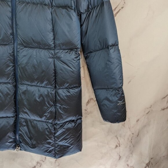 Eddie Bauer Down Puffer Jacket Women Medium Blue Parka Coat Hood Long 650 FP - Picture 4 of 13